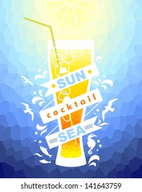 Glass with summer cocktail and decoration elements