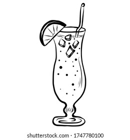 Glass of summer cocktail in doodle style. Hand drawn vector illustration for greeting cards, posters, stickers and seasonal design.