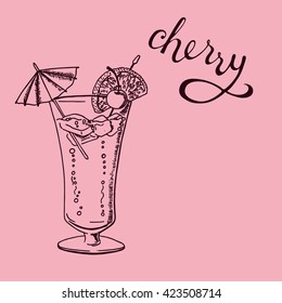 Glass with summer cocktail with fresh lemon and cherry on pink background. Hand lettering cherry word. Hand drawn vector illustration.