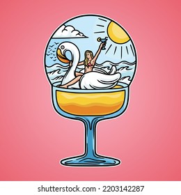 a glass with a summer feel, and on it was a woman riding a swan-shaped float.