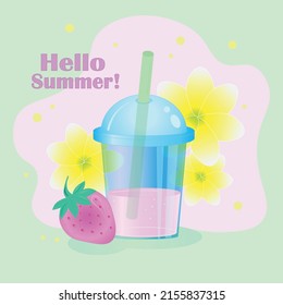 A glass of summer fresh juice with berries and flowers on a stylish background.