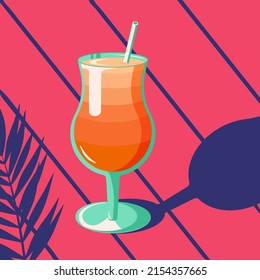 Glass of summer tropical cocktail in retro style. Summer cold drink vector illustration.