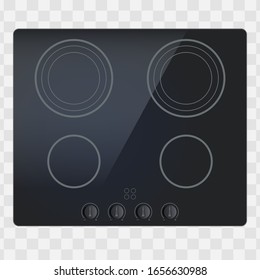 Superficie de vidrio de choque eléctrico e inductivo. Equipamiento de cocina doméstica. Vista superior de la cocina eléctrica. Ilustración de vectores editable Aislada en fondo blanco.