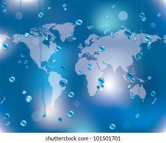 Glass surface with water drops and a special white map