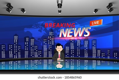glass table and chairs with breaking news live on lcds background in the news studio room