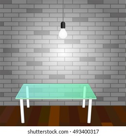 Glass Table and gray brick wall with glowing  light bulb.  Vector illustration.
