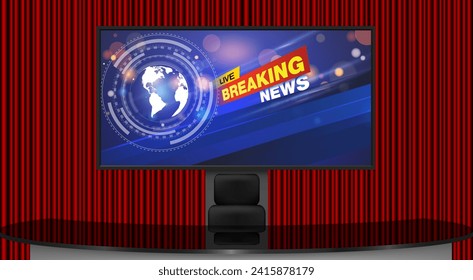 glass table and led tv in the news studio room with red curtain background