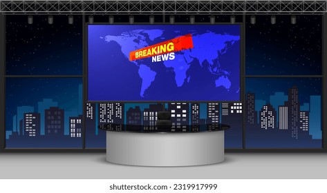glass table in the news studio room with city in the night background