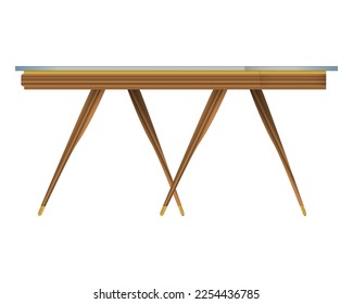Glass tabletop wood table three-quarter view in realistic style. Transparent table top. Home wooden furniture design. Colorful vector illustration isolated on a white background.