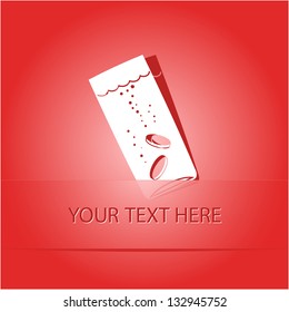 Glass with tablets. Paper sticker as bookmark. Vector illustration. Eps10.