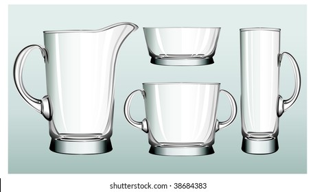 Glass tableware, decorative objects of household on green, vector illustration