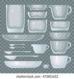 Glass tableware.  Set of isolated simple plates, cups, glasses and spoons. Side view.