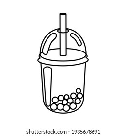 A glass of Taiwanese bubble tea and pearls. Black linear icon isolated on white background. Thin line customizable illustration. Vector outline symbol.