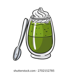 glass tall rounded matcha layered cocktail glass decorated with whipped cream, with metal spoon lying next to it. isolated color illustration with contour. For desserts and promotion of healthy drinks