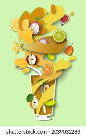 Glass of tasty mixed fruit smoothie, vector paper cut illustration. Healthy summer fruit drink made of kiwi, orange, apple. Food rich in vitamins and minerals.