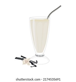 Glass of tasty vanilla milkshake on white background