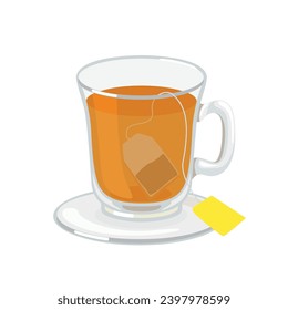 Glass tea cup with tea bag. Cup of tea and saucer isolated on white background. Vector cartoon flat illustration. Hot drink icon.