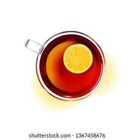 Glass tea cup with black tea. Top view.