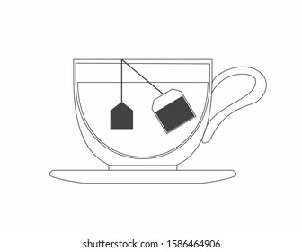 Glass tea cup with a little teabag in the water isolated vector in black and white for logo, sign, apps and website