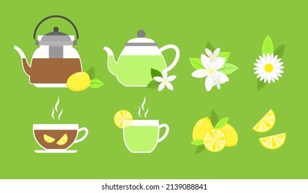 Glass tea elements collection with lemon, jasmine, chamomile. Vector illustration.