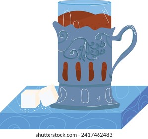 Glass of tea with lemon, on blue patterned coaster next to sugar cubes. Refreshing beverage and cozy atmosphere vector illustration.