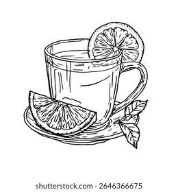 A glass of tea with lemon in a saucer. Vector illustration. A mug of tea with tea leaves, isolated on a white background. The theme of tea drinking, coffee shops, menus, cookbooks and recipes