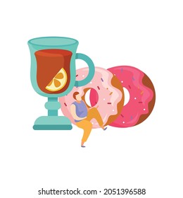 Glass of tea with lemon two donuts and man character on white background flat vector illustration