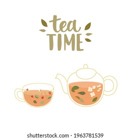 Glass tea pot and a cup, with tea and hand-drawn plants - tea leaves, jasmine, wild strawberries and mint leaves. With hand-drawn lettering - tea time. Isolated on white background.