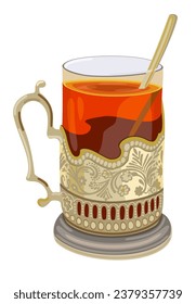 Vidrio de té con cuchara en un portataza. Ilustración aislada del vector.