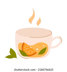 Glass teacup with fruit on white background