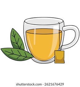 glass teacup tea bag leaf isolated vector illustration on white background