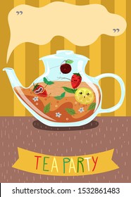 Glass teapot with berry tea. Tea party banner.