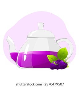 Glass teapot with berry tea.Transparent glass teapot with blackberry tea. Healthy drinks concept.Vector illustration for cafes, advertisements, banners.