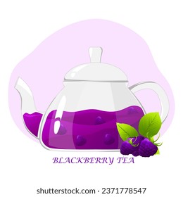 Glass teapot with berry tea.Transparent glass teapot with blackberry tea. Healthy drinks concept.Vector illustration for cafes, advertisements, banners.