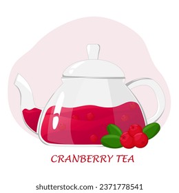 Glass teapot with berry tea.Transparent glass teapot with cranberries tea. Healthy drinks concept.Vector illustration for cafes, advertisements, banners.