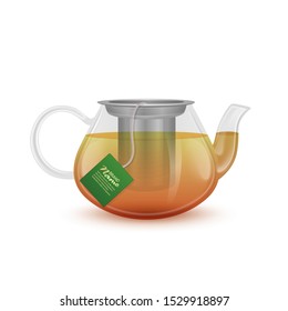 The glass teapot with black tea. Realistic vector EPS 10 illustration on white background