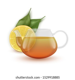The glass teapot with black tea and slice of lemon, Realistic vector EPS 10 illustration on white background