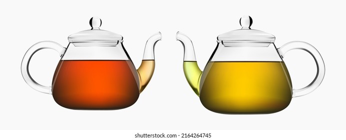 Glass teapot with brewed black, green or herbal tea on white isolated background. Realistic teapot or tea pot. Vector illustration