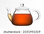 Glass teapot with brewed black tea on white isolated background. Realistic teapot or tea pot. Vector illustration