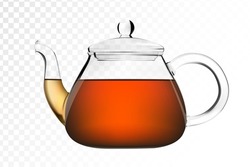 Glass Teapot With Brewed Black Tea On White Isolated Background. Realistic Teapot Or Tea Pot. Vector Illustration