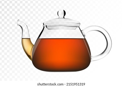 Tetera de vidrio con té negro hecho a mano sobre fondo blanco aislado. Tetera realista o olla de té. Ilustración del vector
