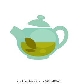 Glass teapot with brewed green or black tea leaf drink for teahouse cafe or cafeteria design element. Vector flat template icon