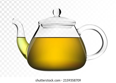 Glass teapot with brewed green or herbal tea on white isolated background. Realistic teapot or tea pot. Vector illustration