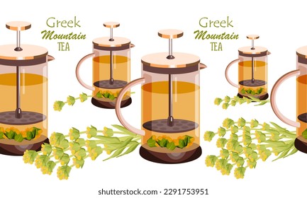 Glass teapot with bunches of Greek mountain tea on white background. Traditional healthy drink. Vector illustration. Seamless border.