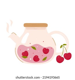 Glass teapot with cherry on white background
