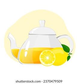 Glass teapot with citrus tea.Transparent glass teapot with lemon tea. Healthy drinks concept.Vector illustration for cafes, advertisements, banners.