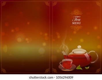 A glass teapot and a cup of black tea on a colored background. Procurement for an advertising poster, flyer, booklet, tea menu. Photo-realistic vector image.