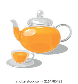 Tetera de vidrio y taza llena de té aislada en fondo blanco. Ilustración vectorial, icono, símbolo, objeto, desgaste de mesa, utensilios de cocina