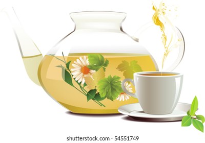 Glass teapot and cup with tea.  All elements and textures are individual objects. Vector illustration scale to any size.