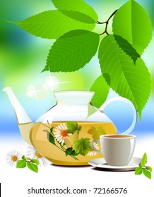 Tetera de vidrio y taza con té.  Todos los elementos y texturas son objetos individuales. Escala de ilustración vectorial a cualquier tamaño.